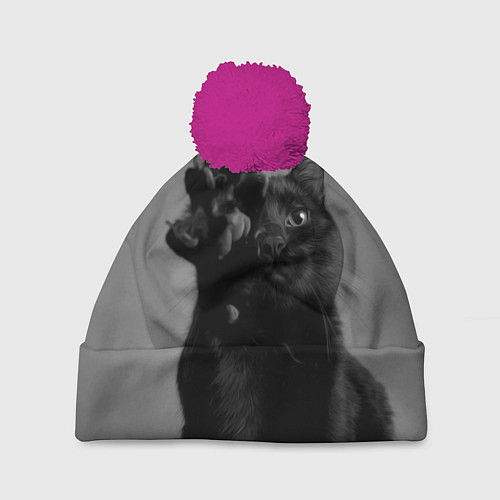 Шапка c помпоном Черный котик / 3D-Малиновый – фото 1