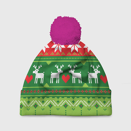 Шапка c помпоном Скандинавские новогодние олени / 3D-Малиновый – фото 1