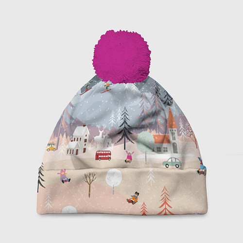 Шапка c помпоном Новогодние каникулы / 3D-Малиновый – фото 1