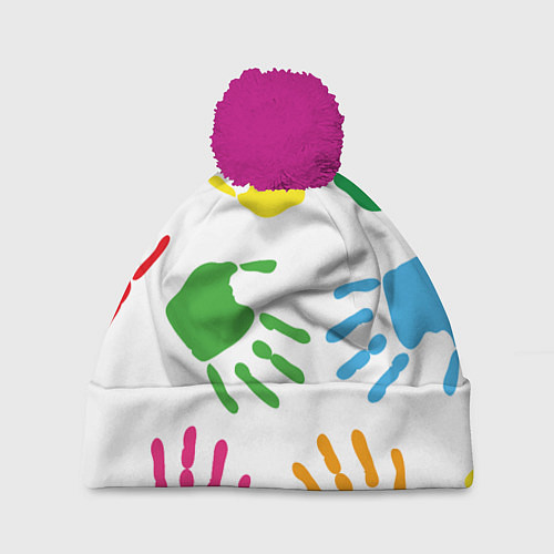 Шапка c помпоном Цветные ладошки - Детский узор / 3D-Малиновый – фото 1