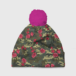 Шапка c помпоном Камуфляж и розы