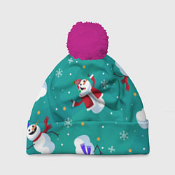 Шапка с помпоном РазНые Снеговики, цвет: 3D-малиновый