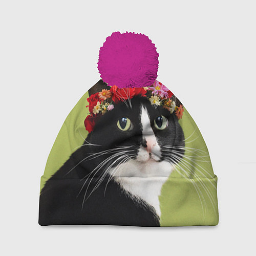 Шапка c помпоном Кот и цветы / 3D-Малиновый – фото 1