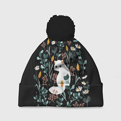 Шапка с помпоном Кошечка среди цветов, цвет: 3D-черный