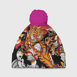 Шапка с помпоном Самурайский тигр, цвет: 3D-малиновый