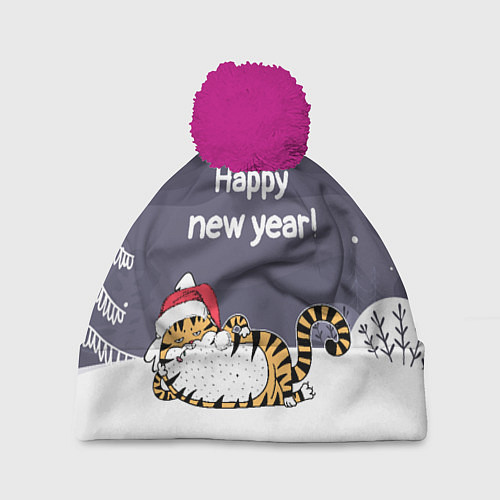 Шапка c помпоном Happy New Year 2022 Тигр / 3D-Малиновый – фото 1