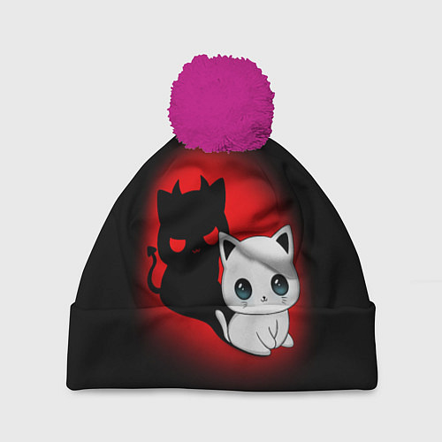 Шапка c помпоном КОТИК ДЬЯВОЛ KITTY DEVIL / 3D-Малиновый – фото 1