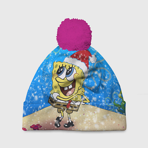 Шапка c помпоном НОВОГОДНИЙ ГУБКА БОБ КВАДРАТНЫЕ ШТАНЫ / 3D-Малиновый – фото 1