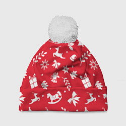 Шапка с помпоном Паттерн новогодней атрибутики, цвет: 3D-белый
