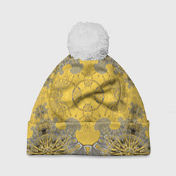 Шапка с помпоном Коллекция Фрактальная мозаика Желтый на черном 573, цвет: 3D-белый