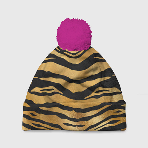 Шапка c помпоном Текстура шкуры тигра / 3D-Малиновый – фото 1