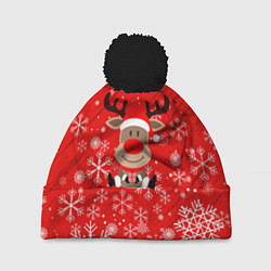 Шапка с помпоном Снежинки летящие и Олень с подарком, цвет: 3D-черный