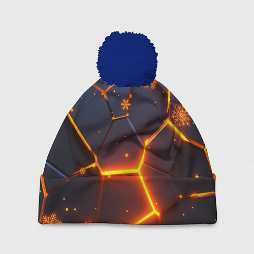 Шапка c помпоном НОВОГОДНИЕ ОГНЕННЫЕ 3D ПЛИТЫ FIRE NEON HEXAGON / 3D-Тёмно-синий – фото 1