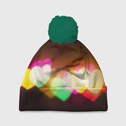 Шапка с помпоном Горящие сердца всех цветов радуги, цвет: 3D-зеленый