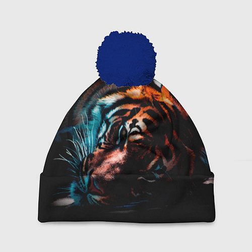 Шапка c помпоном Красивый Тигр лежит / 3D-Тёмно-синий – фото 1