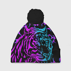 Шапка с помпоном Неоновый ТИГР Год тигра, цвет: 3D-черный
