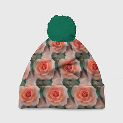 Шапка с помпоном Нежные розы паттерн, цвет: 3D-зеленый