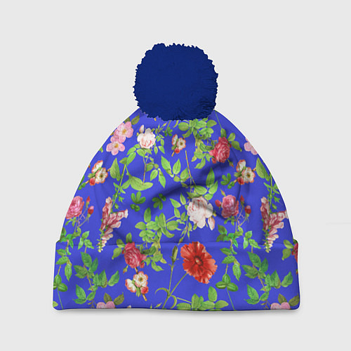 Шапка c помпоном Цветочки - синий фон - паттерн / 3D-Тёмно-синий – фото 1