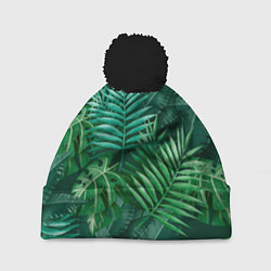 Шапка c помпоном Tropical plants pattern