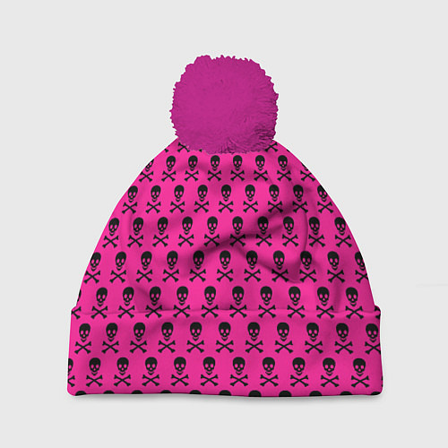Шапка c помпоном Розовый фон с черепами паттерн / 3D-Малиновый – фото 1