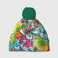 Шапка c помпоном Яркое безумие Бабочки, кляксы, граффити