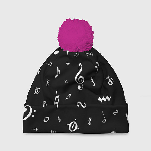 Шапка c помпоном Нотные Знаки Белые на Черном / 3D-Малиновый – фото 1