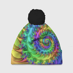 Шапка с помпоном Красочная фрактальная спираль Узор Colorful fracta, цвет: 3D-черный