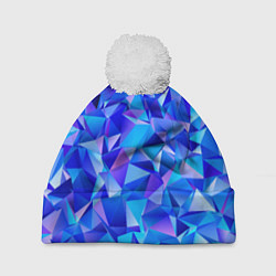 Шапка с помпоном СИНЕ-ГОЛУБЫЕ полигональные кристаллы, цвет: 3D-белый
