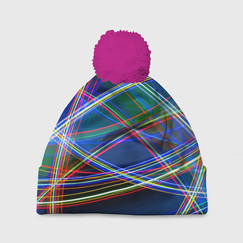 Шапка c помпоном Разноцветные неоновые линии Абстракция Multicolore / 3D-Малиновый – фото 1