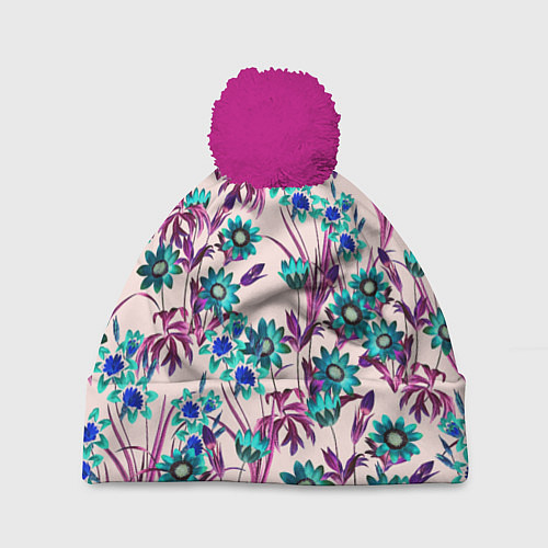 Шапка c помпоном Цветы Летние Фиолетовые Рудбеки / 3D-Малиновый – фото 1