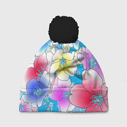 Шапка с помпоном Летний цветочный паттерн Fashion trend 2025, цвет: 3D-черный