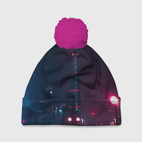 Шапка c помпоном Неоновый ночной город - Тёмно-розовый / 3D-Малиновый – фото 1