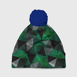 Шапка с помпоном Зеленый, серый и черный геометрический, цвет: 3D-тёмно-синий