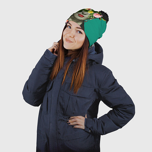 Шапка c помпоном Фрида Кало - Арт Портрет / 3D-Черный – фото 2