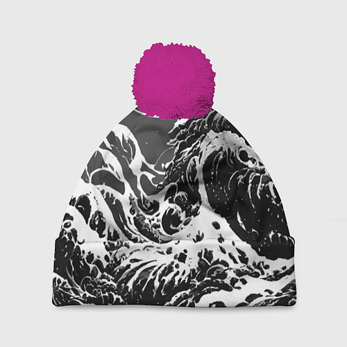 Шапка c помпоном Черно-белые волны / 3D-Малиновый – фото 1