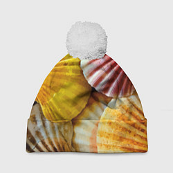 Шапка с помпоном Разноцветные створки океанских раковин, цвет: 3D-белый