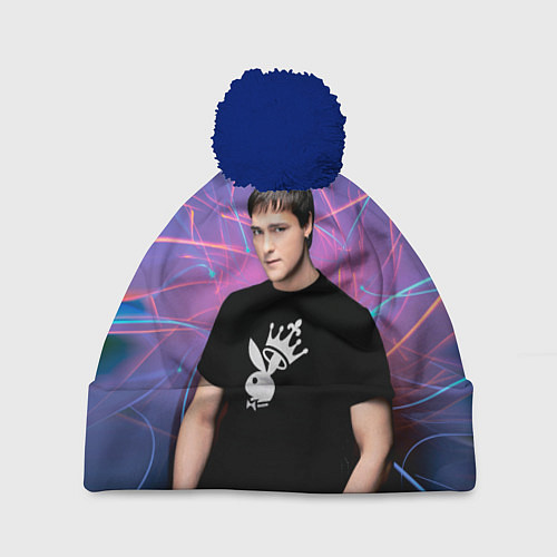 Шапка c помпоном Юрий Шатунов на неоновом фоне / 3D-Тёмно-синий – фото 1