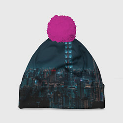 Шапка с помпоном Ночной неоновый город, цвет: 3D-малиновый