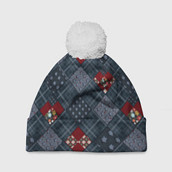 Шапка с помпоном Red and blue denim patchwork, цвет: 3D-белый
