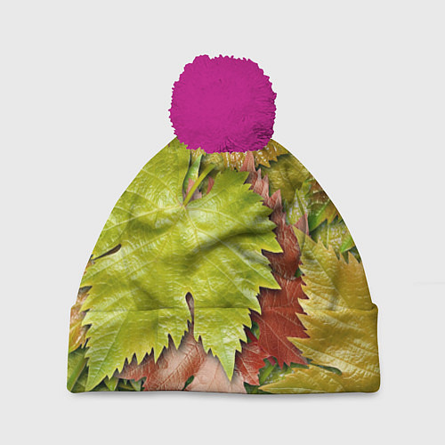 Шапка c помпоном Осенние листья клёна - паттерн / 3D-Малиновый – фото 1