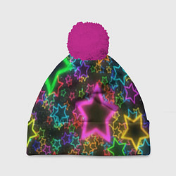 Шапка с помпоном Большие неоновые звезды, цвет: 3D-малиновый