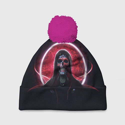 Шапка c помпоном Робот в маске скелета на фоне Марса / 3D-Малиновый – фото 1