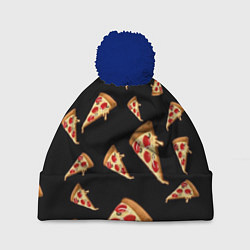 Шапка с помпоном Куски пиццы на черном фоне, цвет: 3D-тёмно-синий