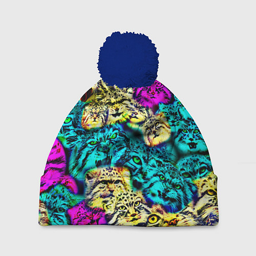 Шапка c помпоном Психоделические манулы / 3D-Тёмно-синий – фото 1
