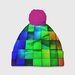 Шапка с помпоном Цветные неоновые кубы, цвет: 3D-малиновый