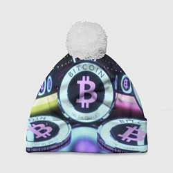 Шапка c помпоном Неоновый светящийся биткоин