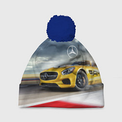 Шапка с помпоном Mercedes AMG V8 Biturbo на трассе, цвет: 3D-тёмно-синий