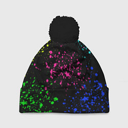 Шапка с помпоном Брызги неоновых красок, цвет: 3D-черный
