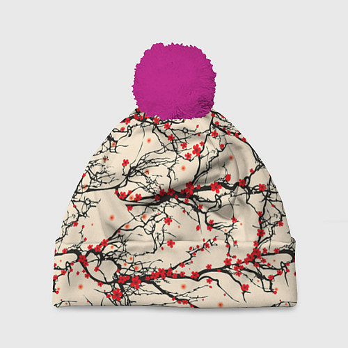 Шапка c помпоном Sakura flowers / 3D-Малиновый – фото 1