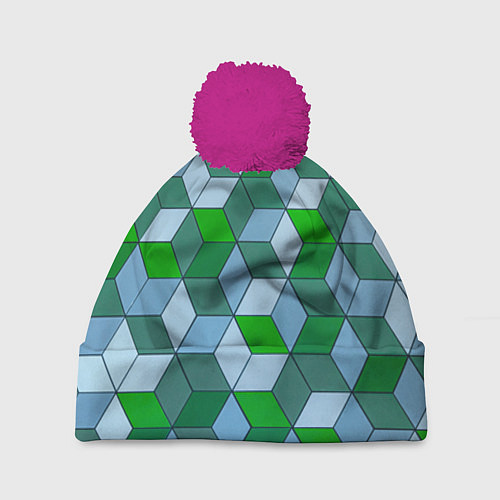 Шапка c помпоном Зелёные и серые абстрактные кубы с оптической иллю / 3D-Малиновый – фото 1